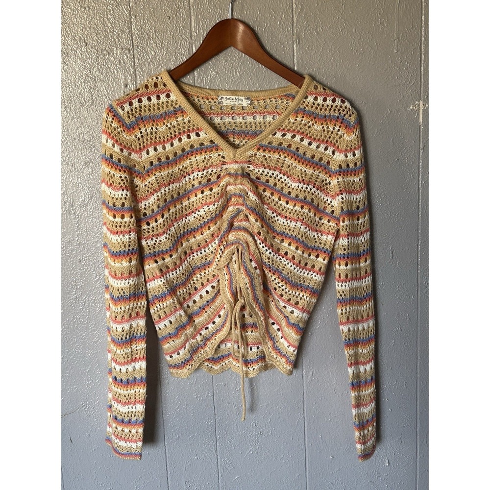 Jolie & Joy Cinched Crochet Knit Multicolor Long Sleeve Sweater Top Size‎ M Boho